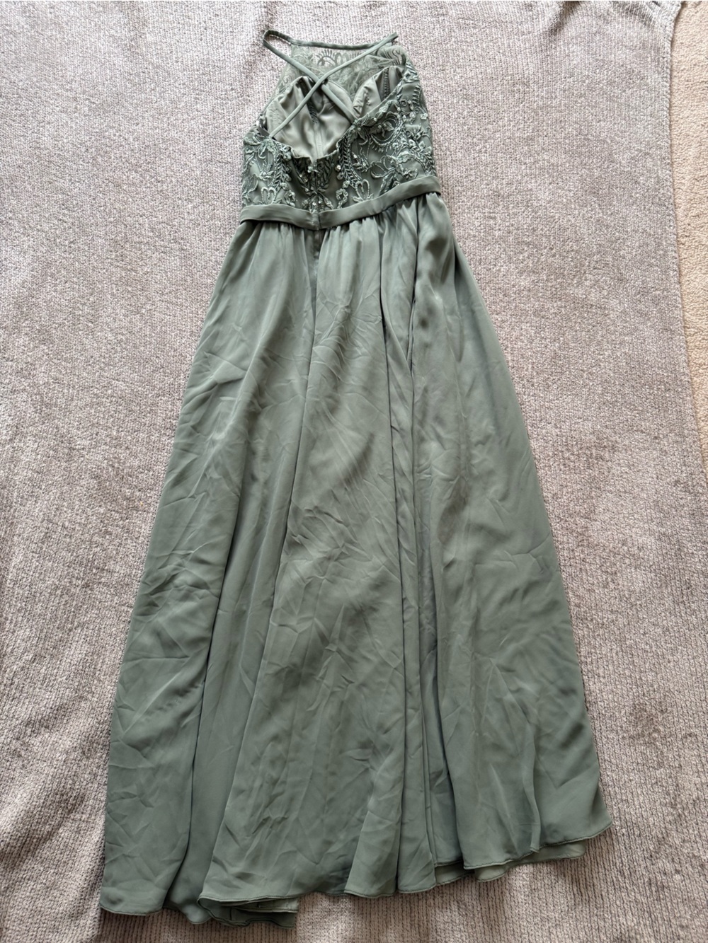 Kennedy Blue Sage Green Chiffon Lace Halter Maxi Dress Size 6 - Picture 3 of 11